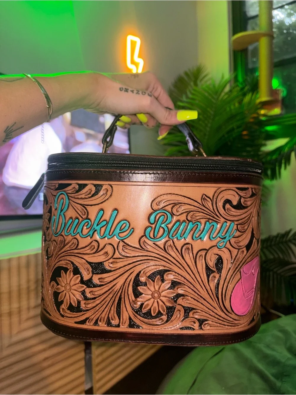 Buckle Bunny Tooled Leather Cosmetic / Travel Case - Turquoise Script